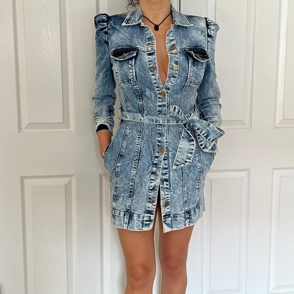 Women's Short Denim Dress Puff Sleeves Sz S